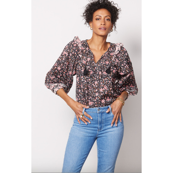 Evereve Tops - CLEOBELLA NWT Evereve Brynlee Black Pink Org Cotton Metallic Print Blouse // L